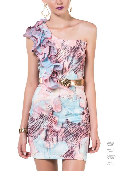 vestido estampado c/babado no ombro acompanha o cinto